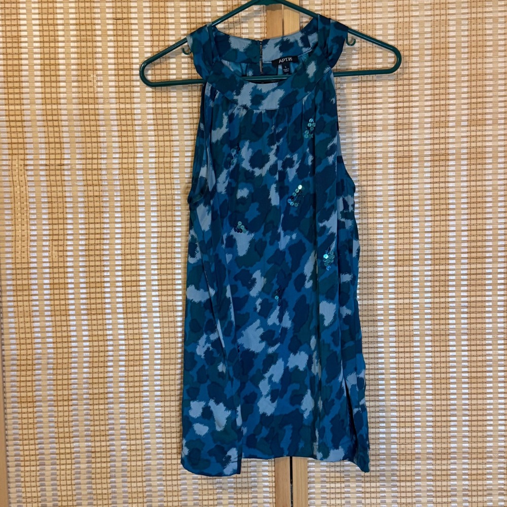 Apt. 9 Womens Blue Teal Abstract Leopard Sequin Halter Blouse Large Office